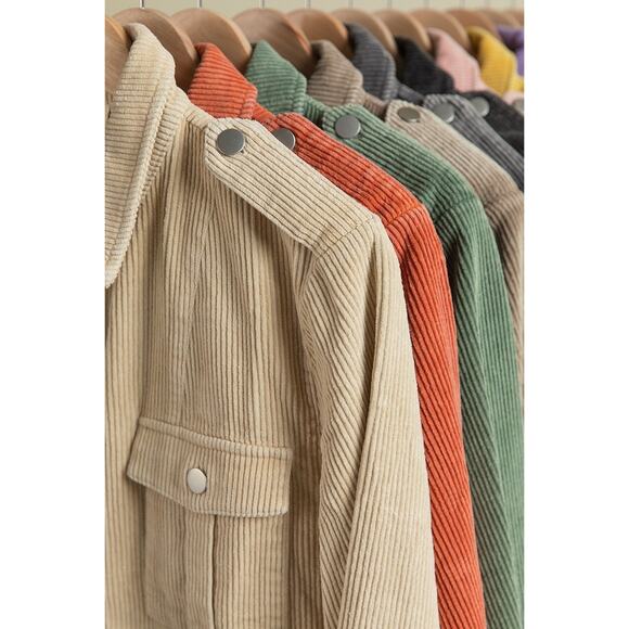 BiBi Button Up Long Sleeves Chest Pockets Relaxed Fit Corduroy Shacket | Grey - Picture 9 of 9